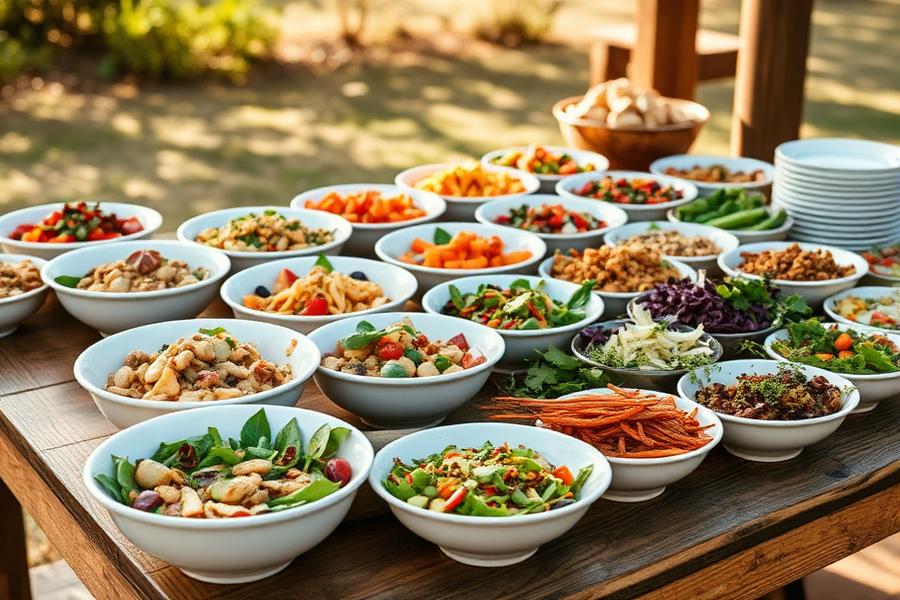 Acompanhamentos e saladas servidos em bowls