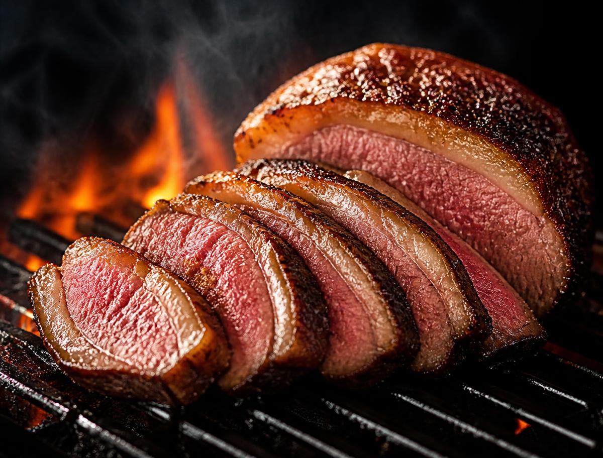 Picanha fatiada na grelha com chamas ao fundo